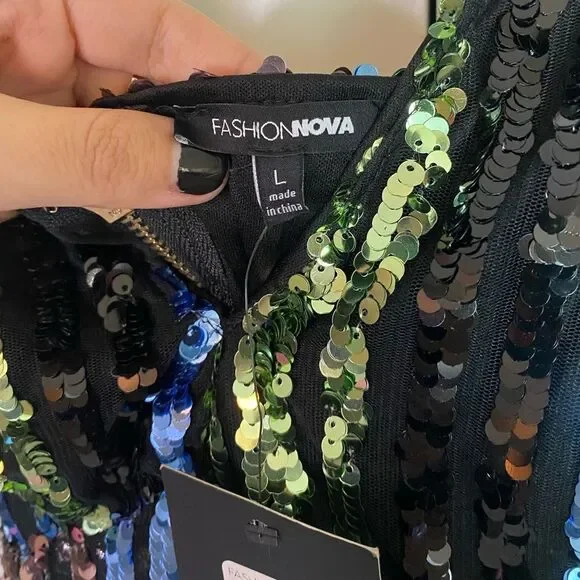 Fashion Nova Black and Green Sequin striped Dress adjustable straps NWT size L - Picture 14 of 16